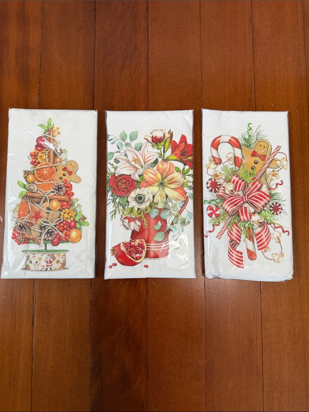 Holiday Floral & Candy Kitchen Towel Set - White with Red and Green Accents
